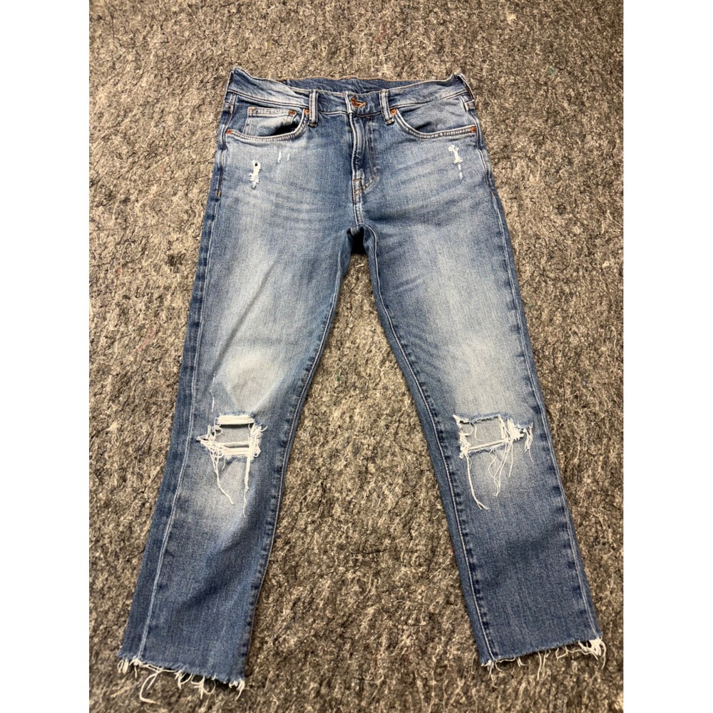 HM &Denim Mens Skinny Distressed Ripped Jeans Blue Medium Wash Raw Hem 32x24